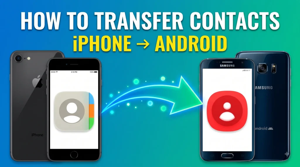 A graphic with a blue-to-green gradient background featuring the bold white and yellow text "HOW TO TRANSFER CONTACTS iPHONE -> ANDROID" at the top. On the left, an iPhone displays the Apple Contacts app icon, and on the right, a Samsung Android phone displays the contacts app icon, with a glowing green arrow pointing from the iPhone to the Android device.