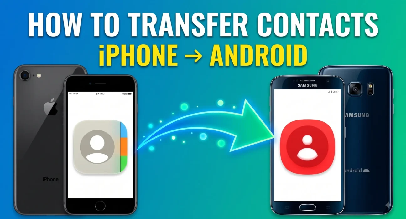 A graphic with a blue-to-green gradient background featuring the bold white and yellow text "HOW TO TRANSFER CONTACTS iPHONE -> ANDROID" at the top. On the left, an iPhone displays the Apple Contacts app icon, and on the right, a Samsung Android phone displays the contacts app icon, with a glowing green arrow pointing from the iPhone to the Android device.